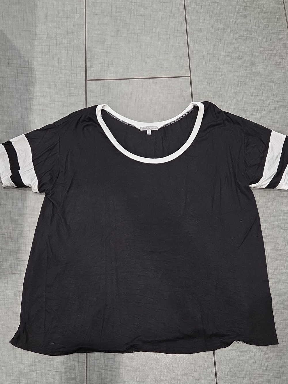 Charlotte Russe Black Short Sleeve Scoop Tee with White Trim XL